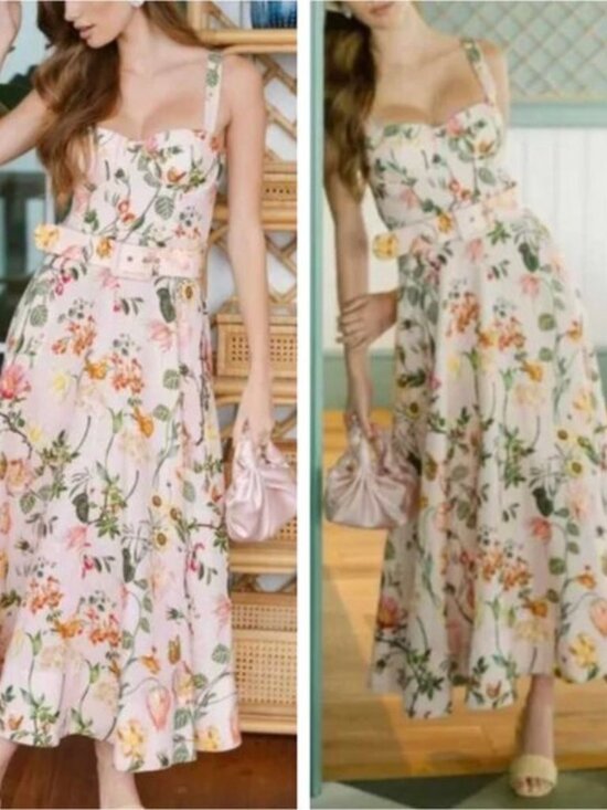 NWT Cara Cara x OTM Calypso Midi Dress Stem Mauve Blush Floral Linen Wedding